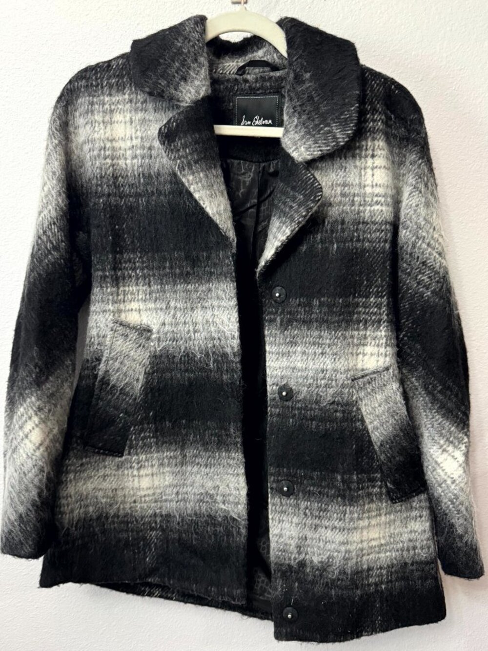 Sam Edelman Womens XS Black Gray Plaid Wool Blend Coat